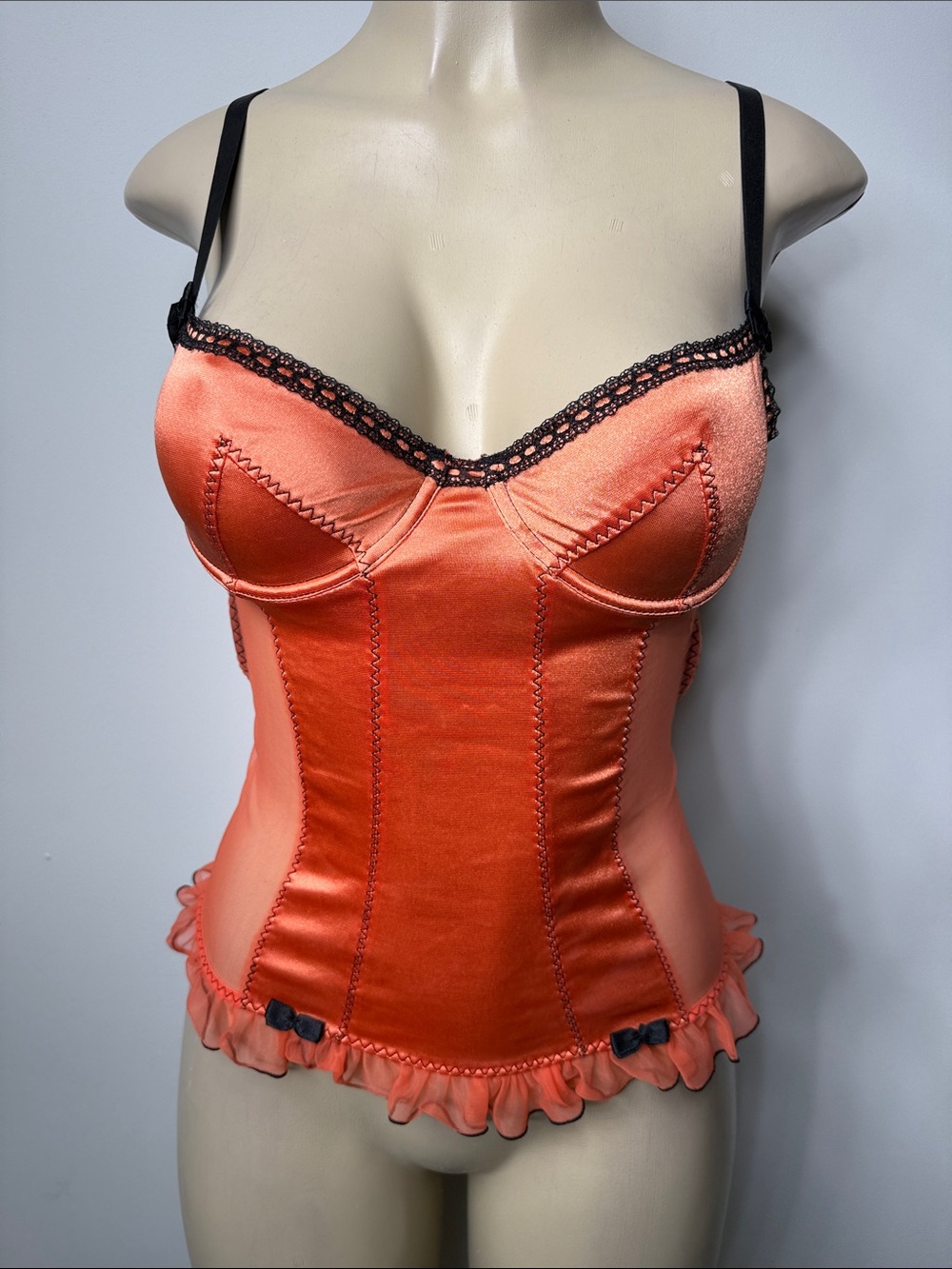 Orange Satin Corset Camisole with Black Trim